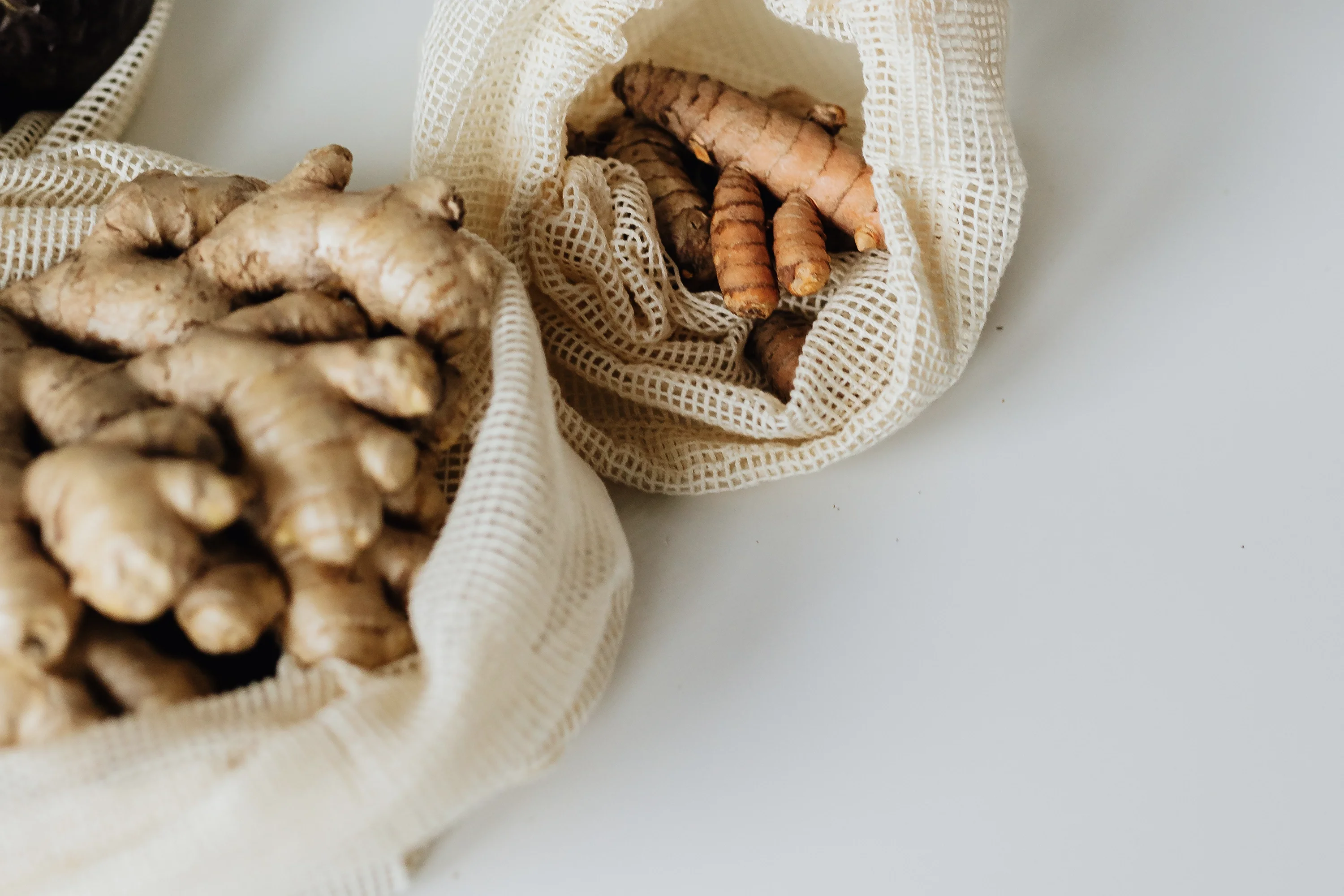 ginger and turmeric in fabric bags